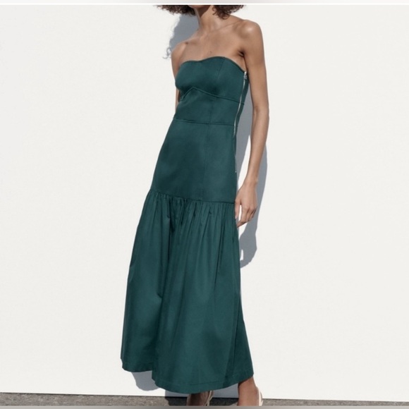 ZARA Dark Green Strapless Bandeau Long Dress with Topstitching Size S - Picture 1 of 5